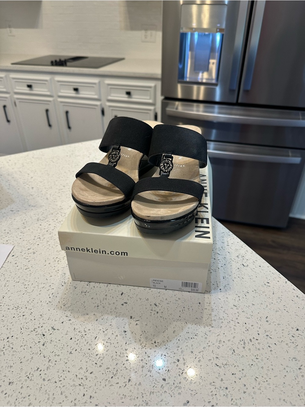 Anne Klein Black Elastic Double-Strap Wedge Sandals